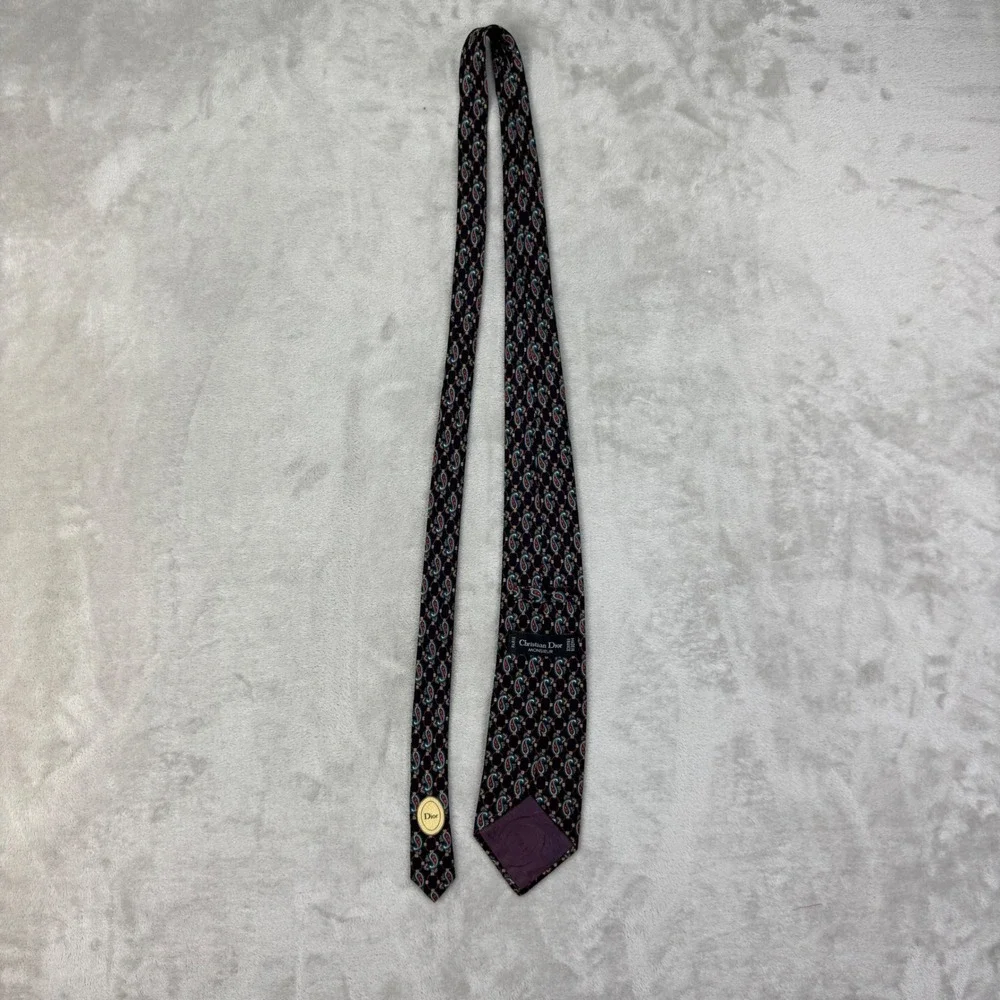 Christian Dior Tie Mens 3.5 Black Paisley Silk Vintage Formal Designer Accessory